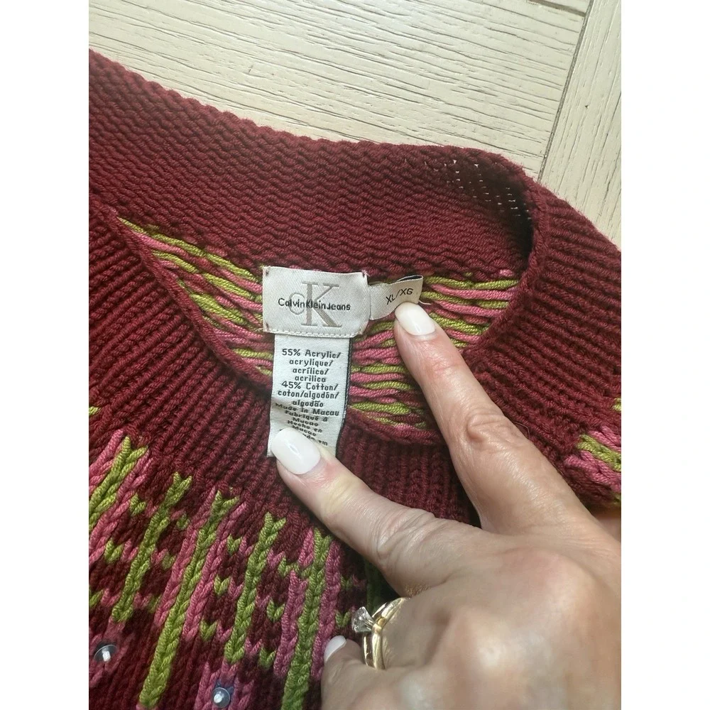 Calvin Klein Jeans Sweater Women's Sz XL Berry ‎ Round Neck Pullover W/ Sequin